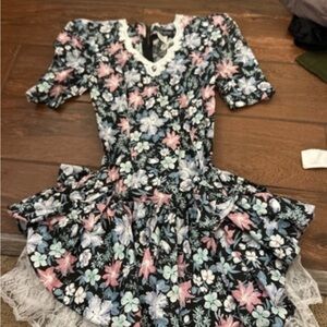 Black Floral Lace-Trim Fit & Flare Dress